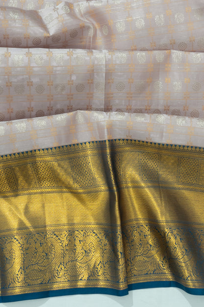 Kanchipuram Silk Tissue Checks And Butta Silver Saree With Gift Box And Rakhi