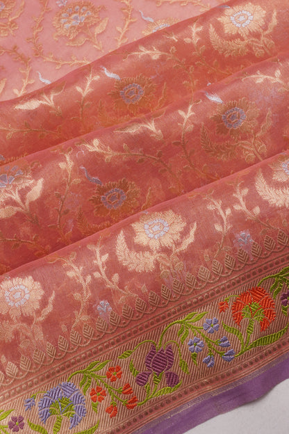 Banarasi Kora Organza Brocade Peach Saree