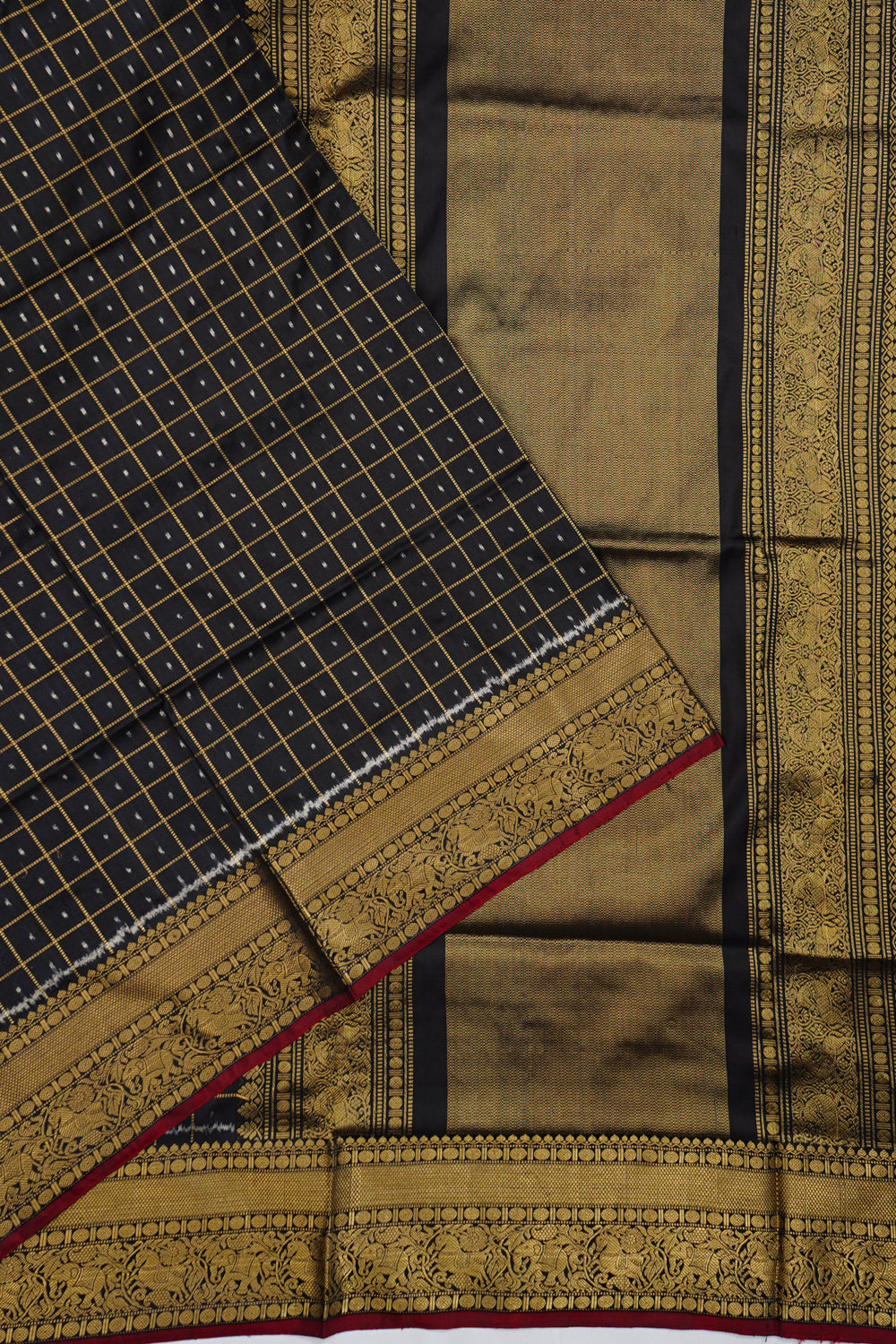 Kanchipuram Silk Ikat And Checks Black Saree 1213857445