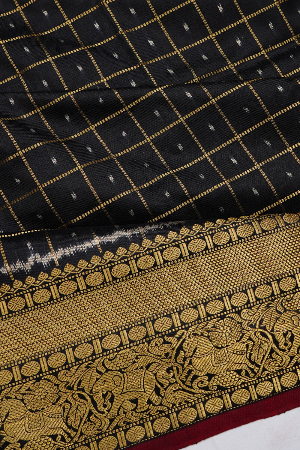 Kanchipuram Silk Ikat And Checks Black Saree 1213857445
