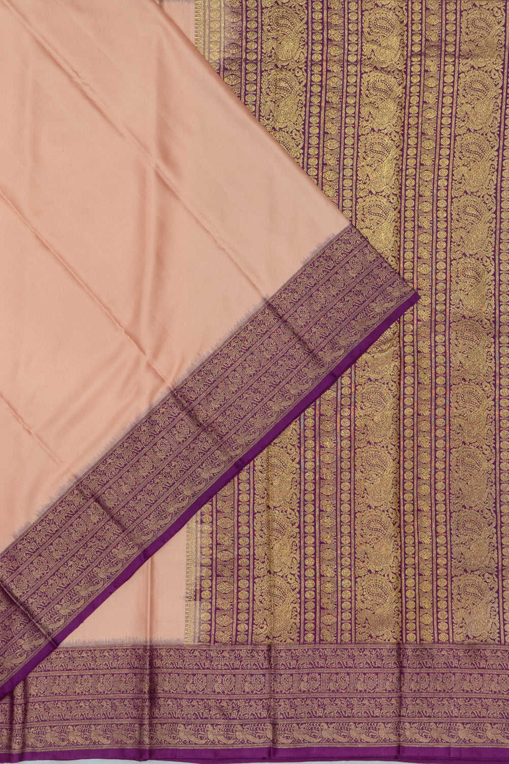 Kanchipuram Silk Twill Plain Peach Saree With Ikat Blouse