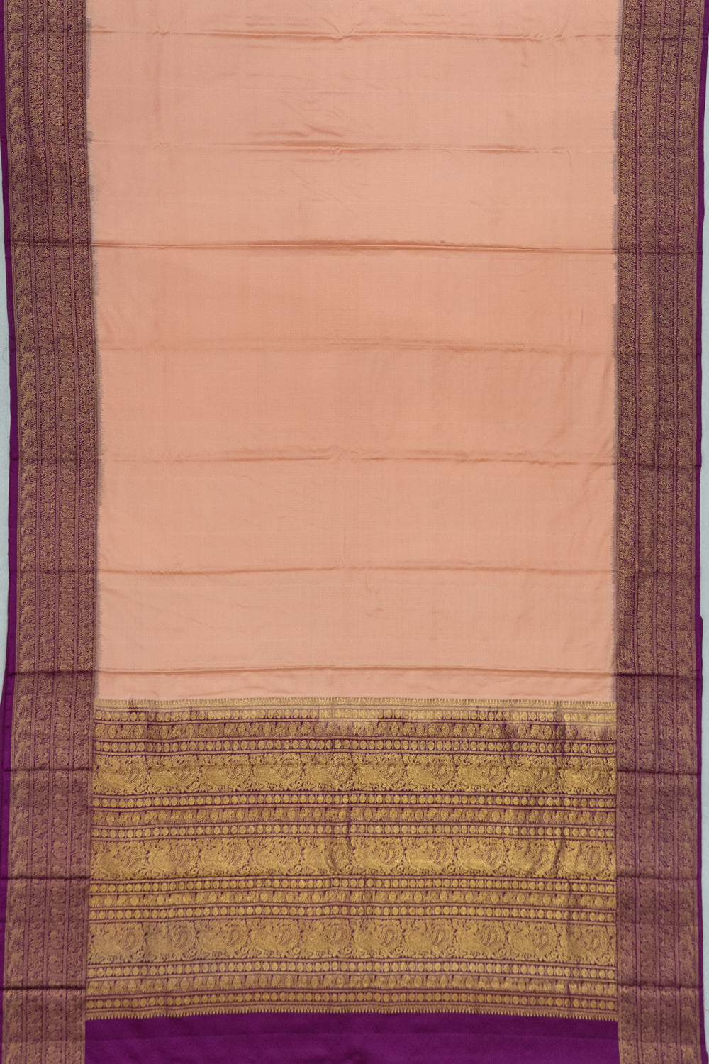 Kanchipuram Silk Twill Plain Peach Saree With Ikat Blouse