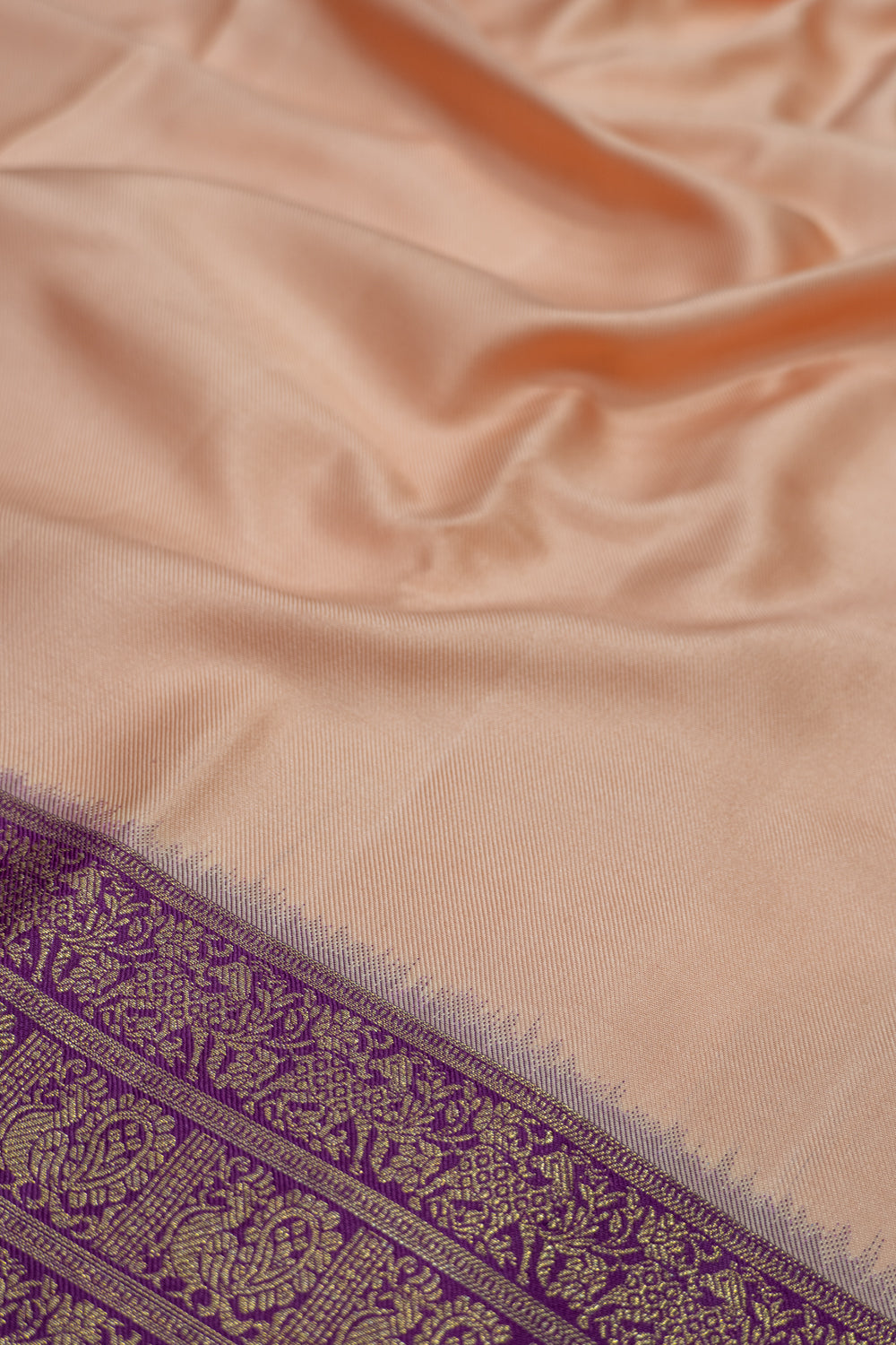 Kanchipuram Silk Twill Plain Peach Saree With Ikat Blouse