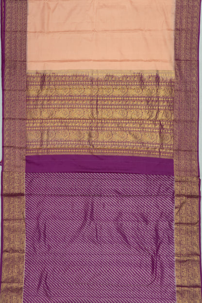 Kanchipuram Silk Twill Plain Peach Saree With Ikat Blouse