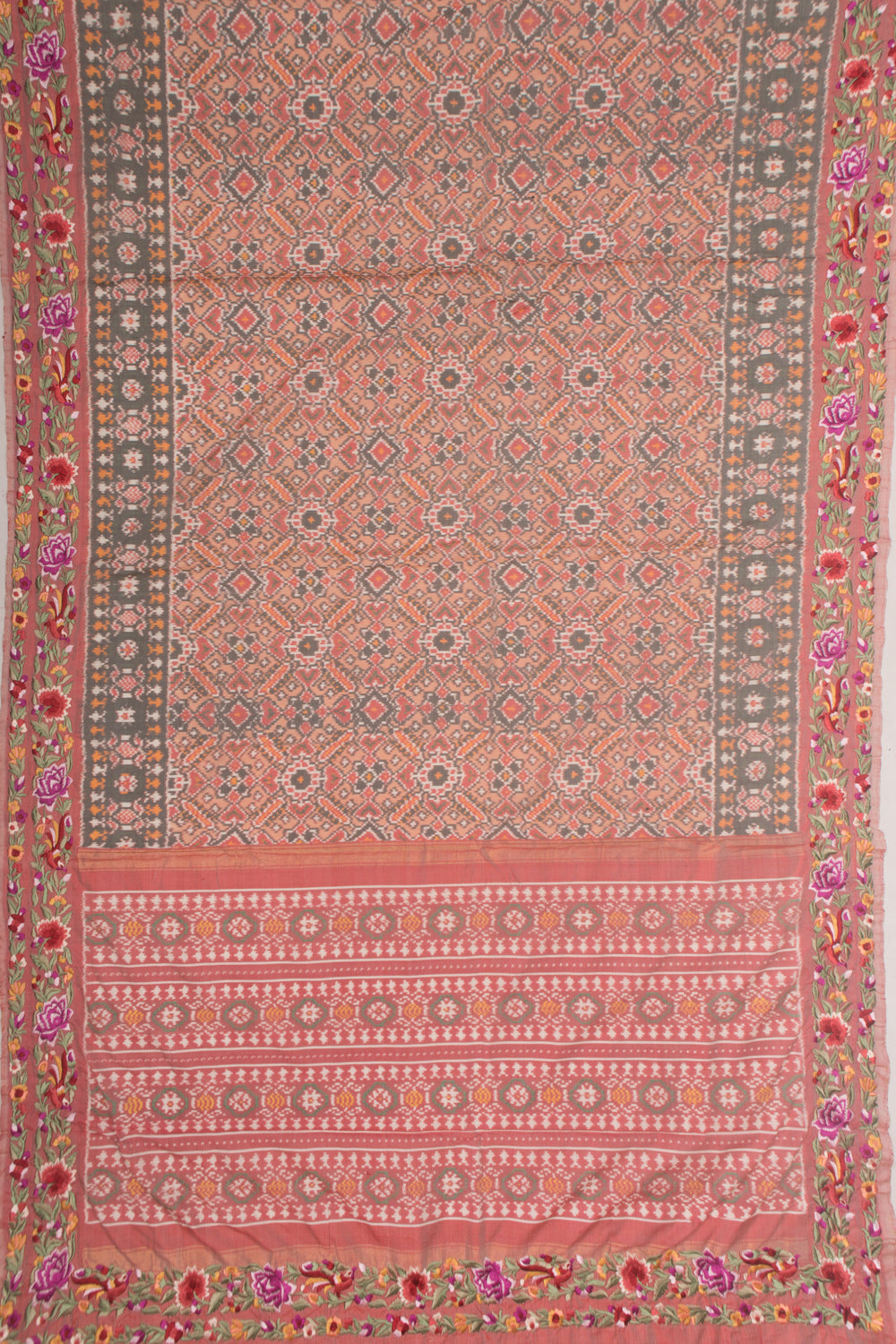 Pochampally Silk Ikat Peach Saree With Embroidery Border