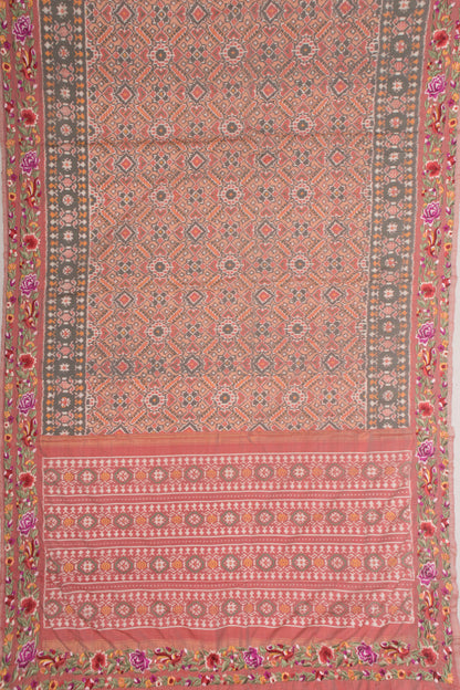 Pochampally Silk Ikat Peach Saree With Embroidery Border
