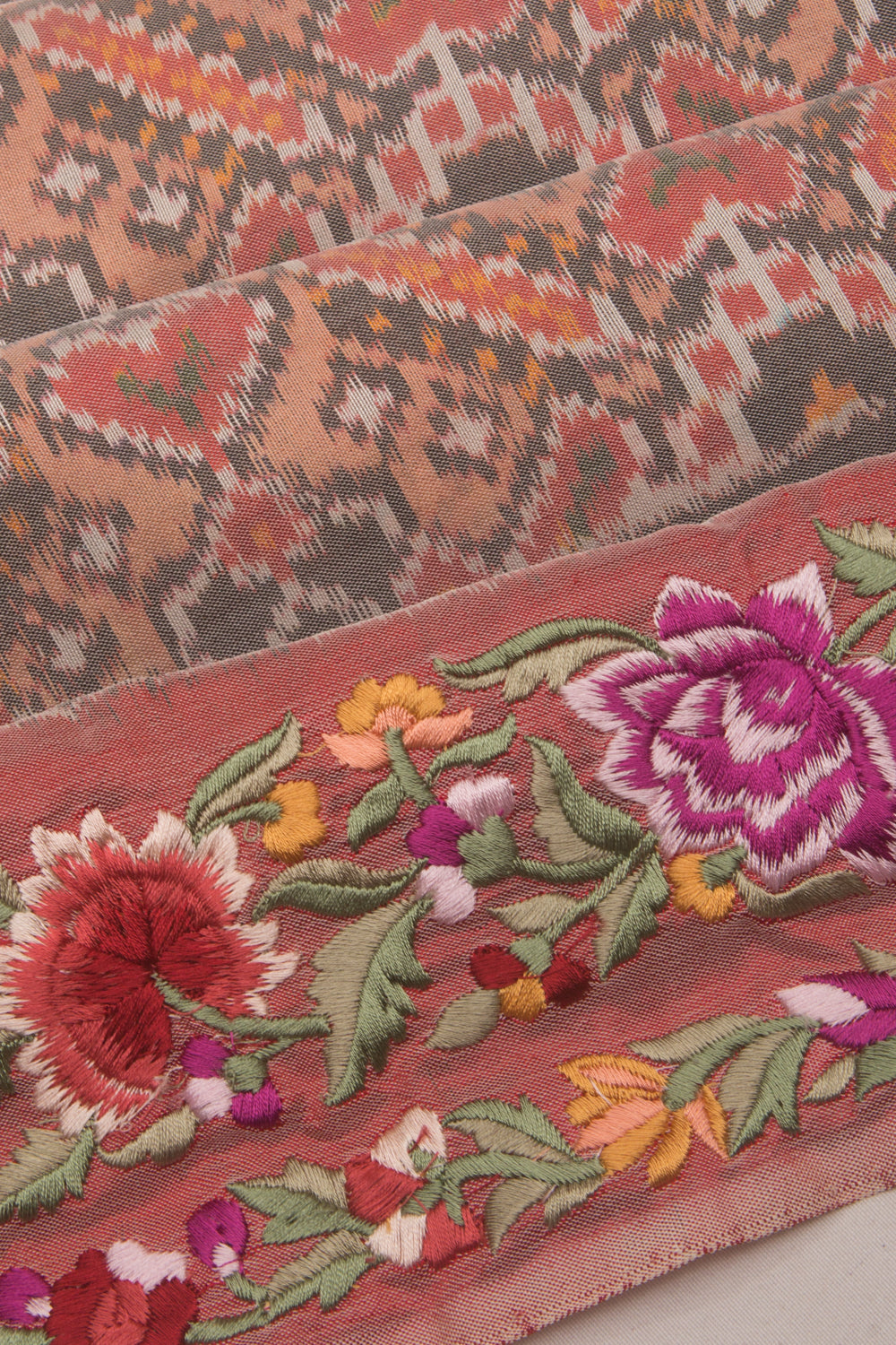 Pochampally Silk Ikat Peach Saree With Embroidery Border