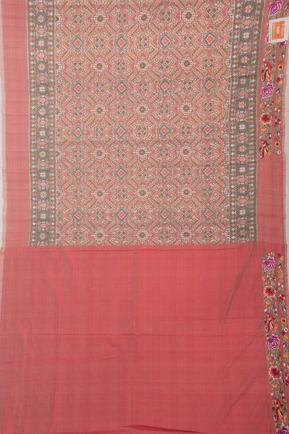 Pochampally Silk Ikat Peach Saree With Embroidery Border