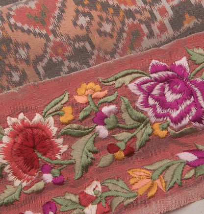 Pochampally Silk Ikat Peach Saree With Embroidery Border