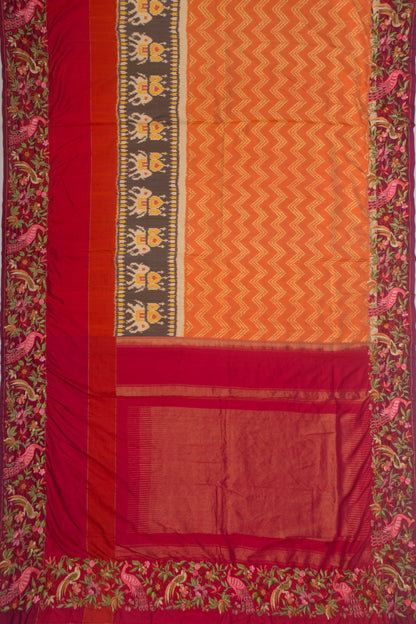 Pochampally Silk Ikat Orange Saree With Embroidery Border