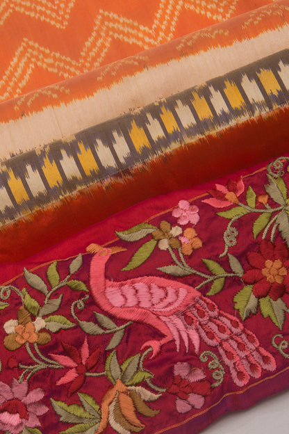 Pochampally Silk Ikat Orange Saree With Embroidery Border