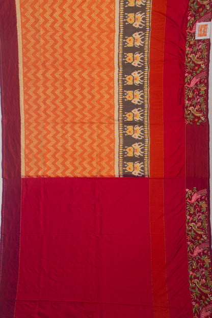 Pochampally Silk Ikat Orange Saree With Embroidery Border