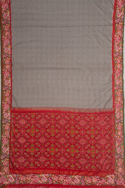 pochampally Silk Checks Grey Saree With Embroidery Boader