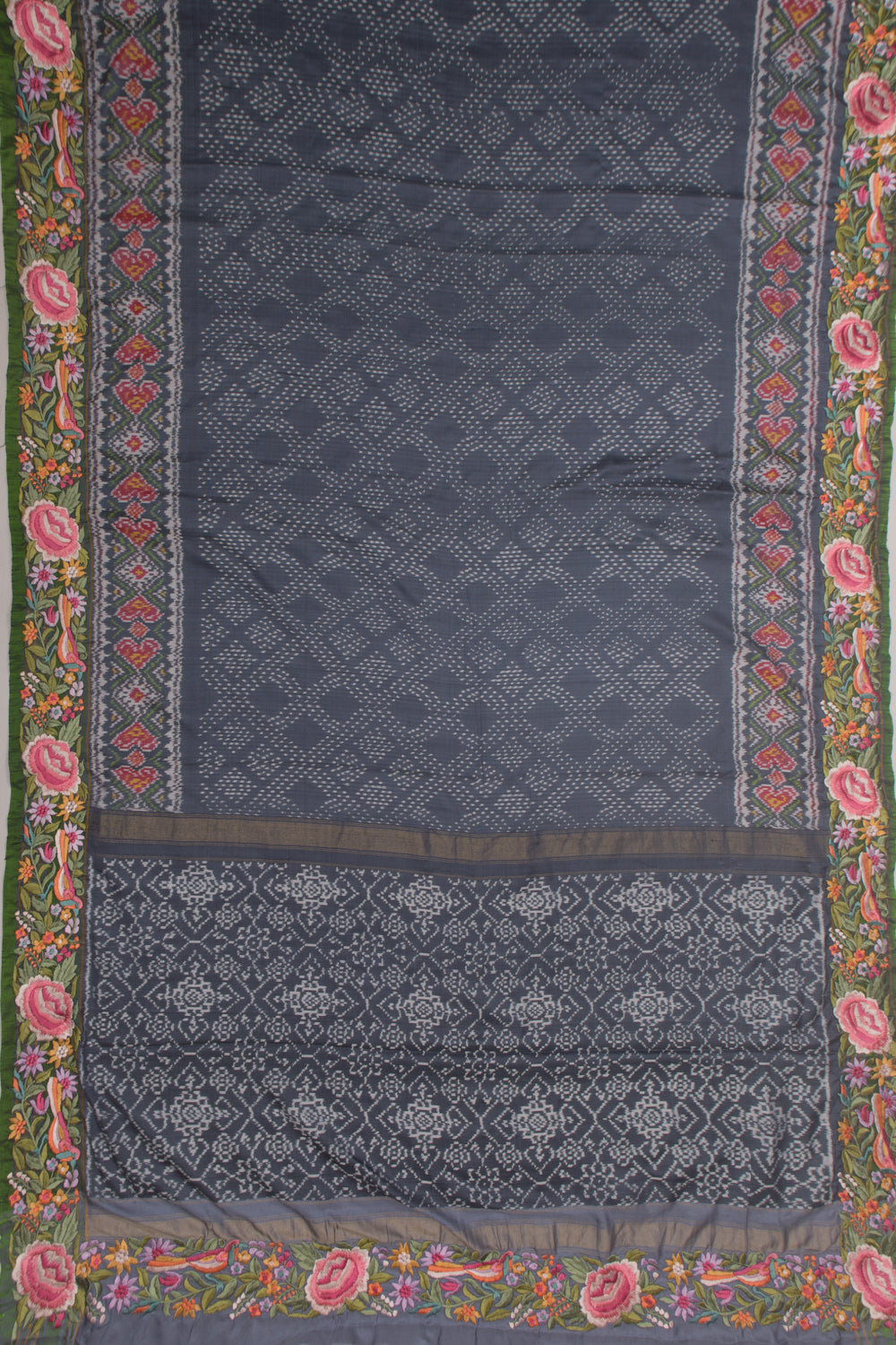 Pochampally Silk Ikat Grey Saree With Embroidery Border
