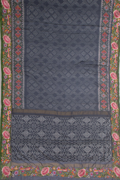 Pochampally Silk Ikat Grey Saree With Embroidery Border