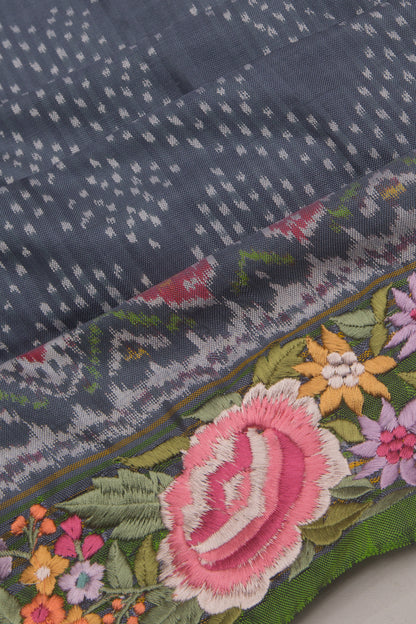 Pochampally Silk Ikat Grey Saree With Embroidery Border