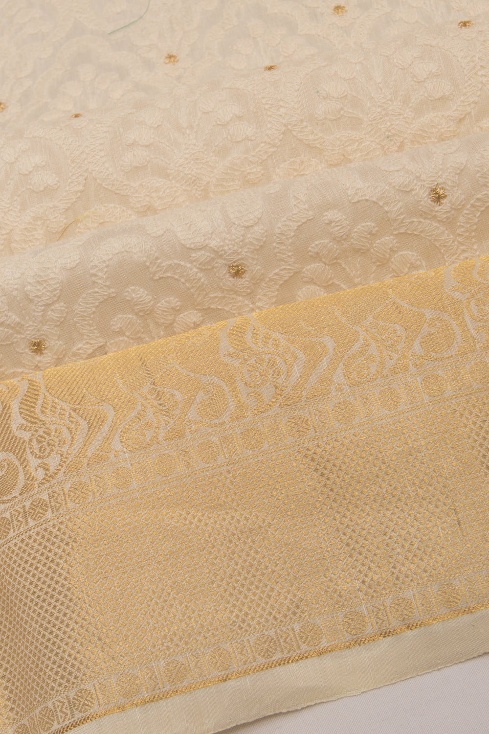 Kanchipuram Silk Embroidery Cream Saree