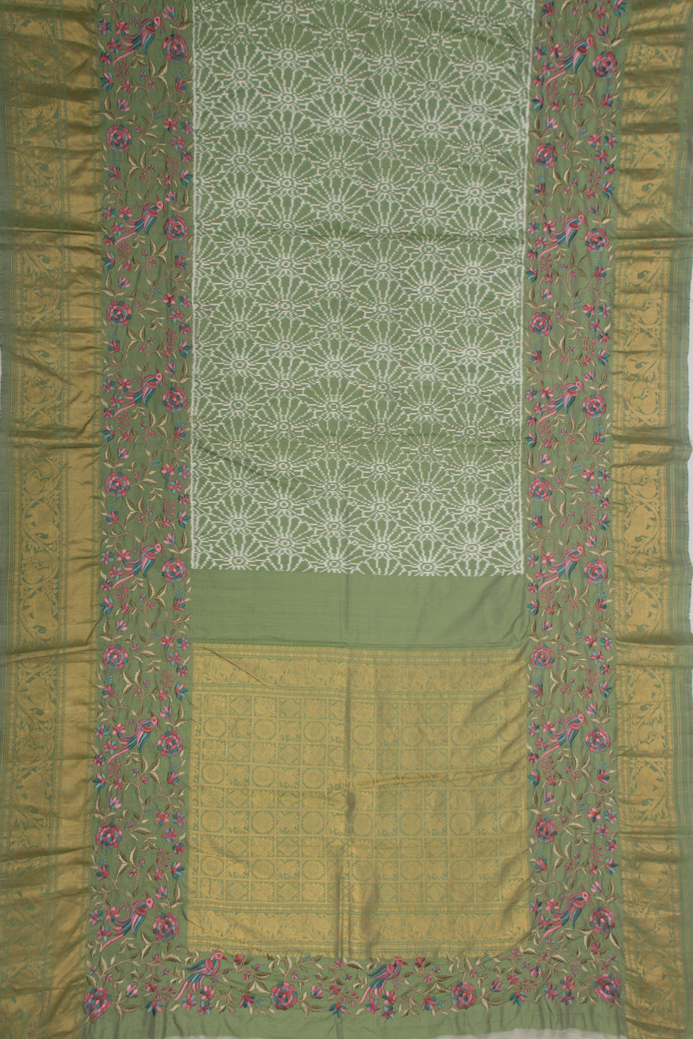 Kanchipuram Silk Ikat Pastel Green Saree With Embroidery Boarder