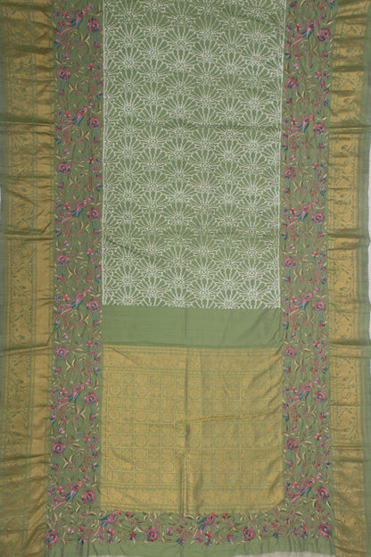 Kanchipuram Silk Ikat Pastel Green Saree With Embroidery Boarder