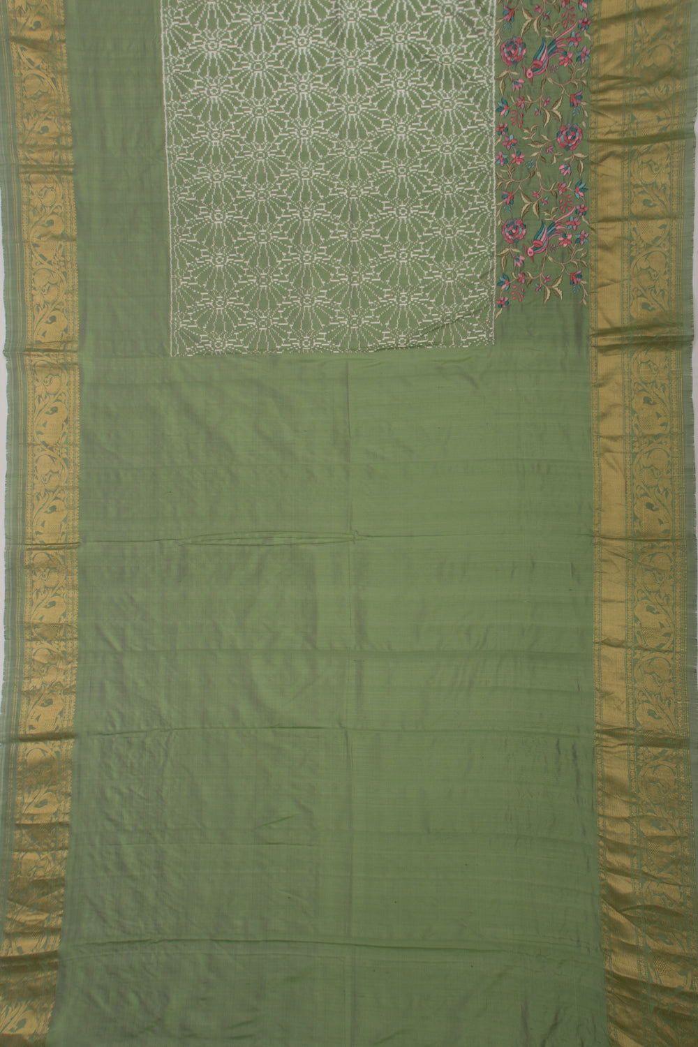 Kanchipuram Silk Ikat Pastel Green Saree With Embroidery Boarder
