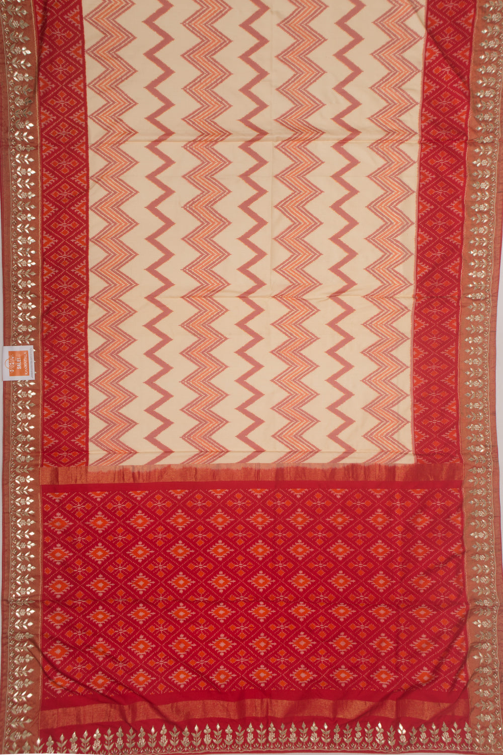 Pochampally Silk Ikat Cream Saree With Gota Pati Border