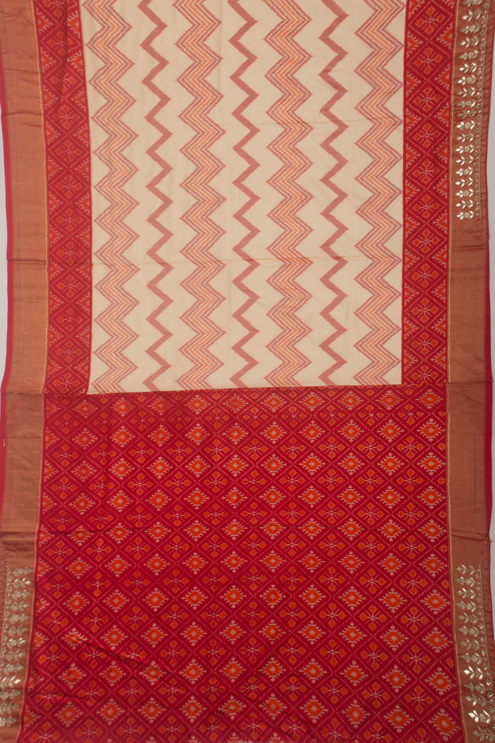 Pochampally Silk Ikat Cream Saree With Gota Pati Border