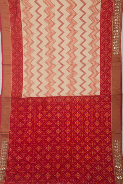 Pochampally Silk Ikat Cream Saree With Gota Pati Border