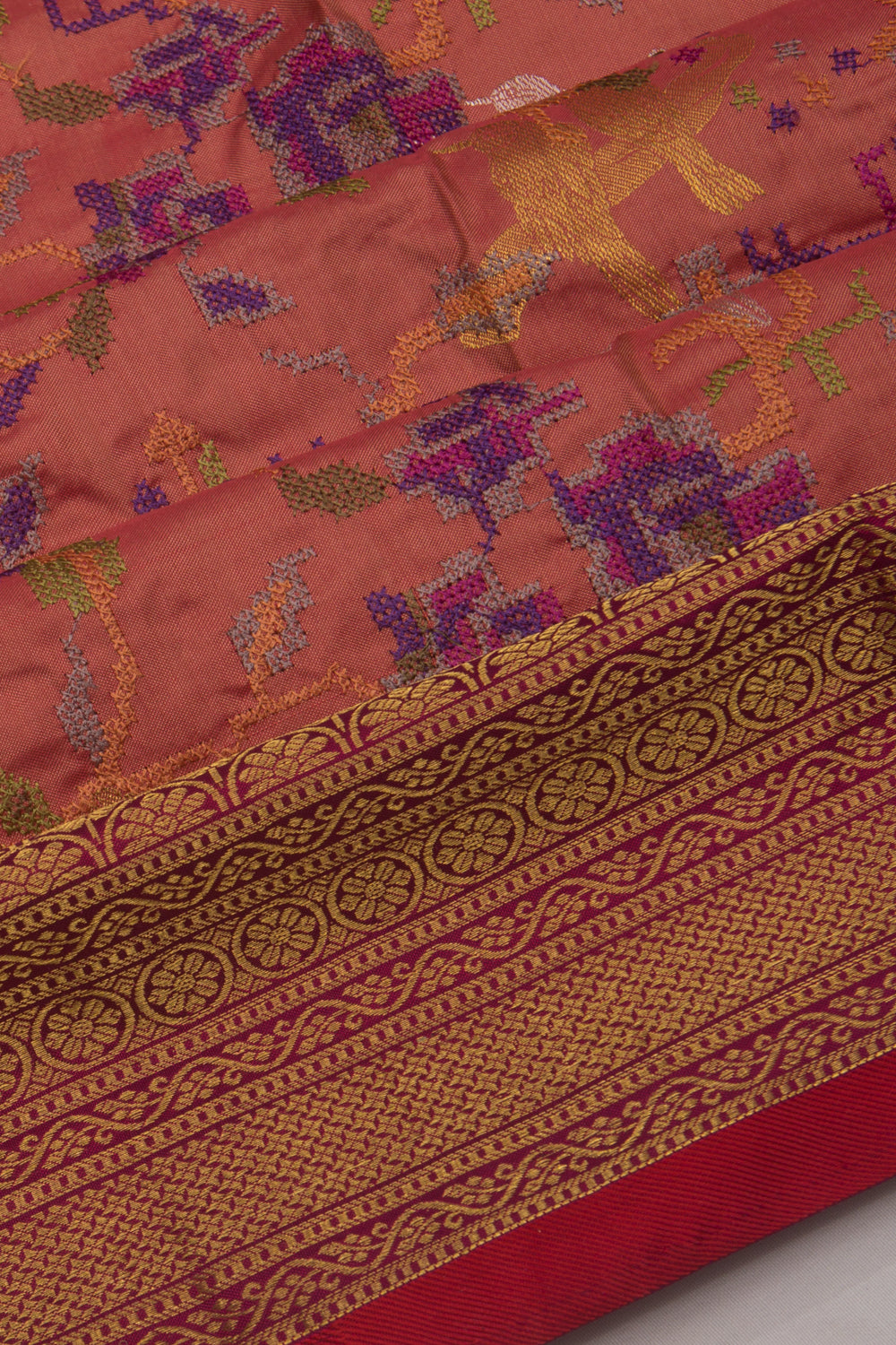 Kanchipuram Silk Embroidery Peach Saree