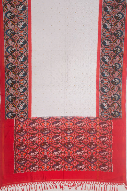 Pochampally Silk Embroidery White Saree With Ikat Border