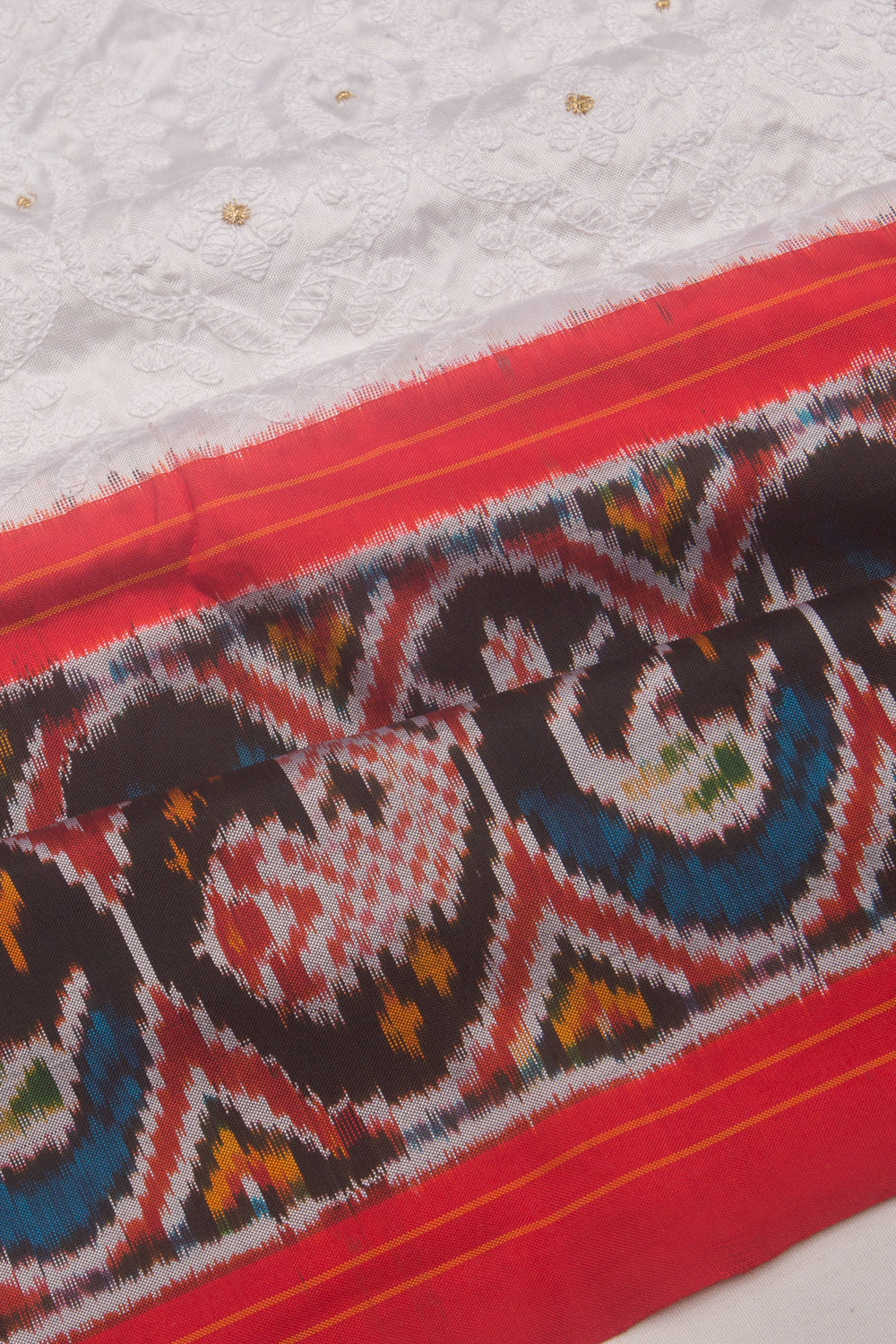 Pochampally Silk Embroidery White Saree With Ikat Border