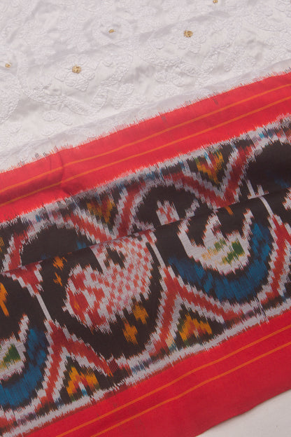 Pochampally Silk Embroidery White Saree With Ikat Border
