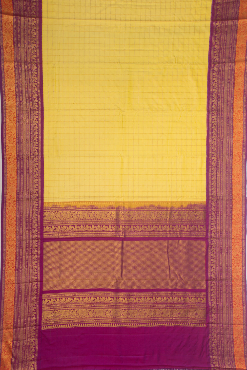 Kanchipuram Silk Twill Checks Yellow Saree
