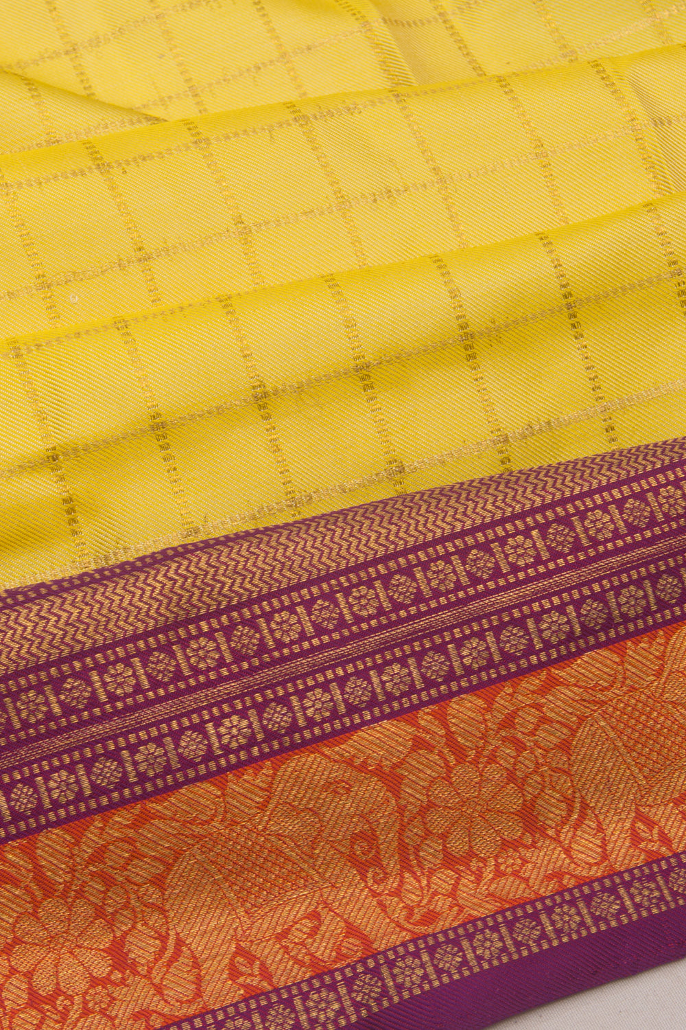 Kanchipuram Silk Twill Checks Yellow Saree