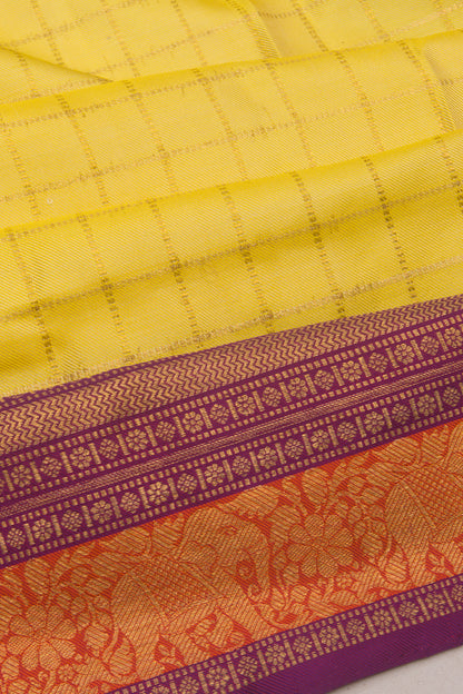 Kanchipuram Silk Twill Checks Yellow Saree