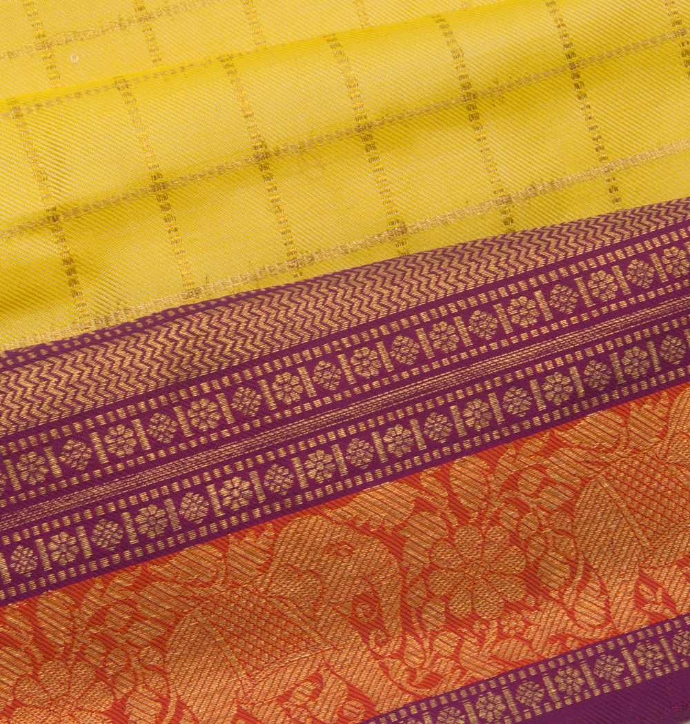 Kanchipuram Silk Twill Checks Yellow Saree