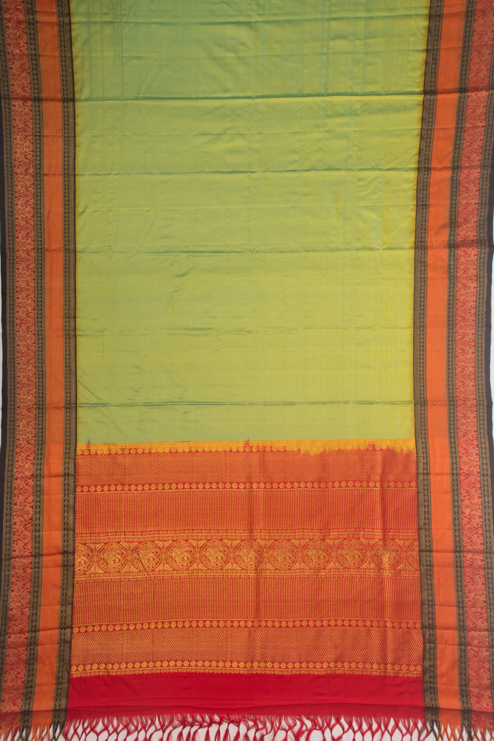 Kanchipuram Silk Twill Dual Tone Green And Yellow Saree