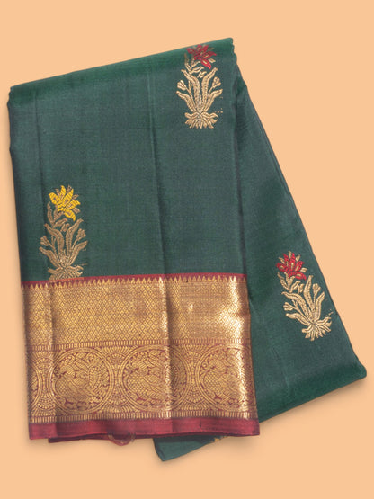 Kanchipuram Silk Butta Bottle Green Saree