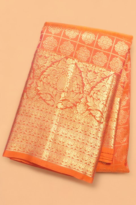 Kanchipuram Silk Checks And Butta Dual Tone Pink And Orange Saree