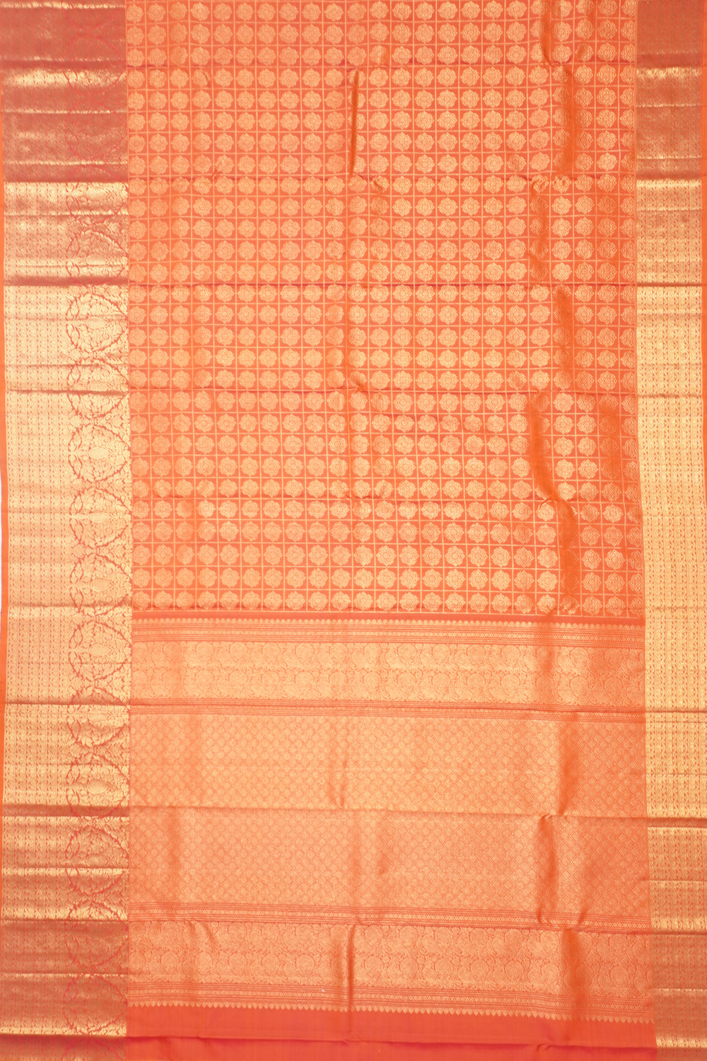 Kanchipuram Silk Checks And Butta Dual Tone Pink And Orange Saree