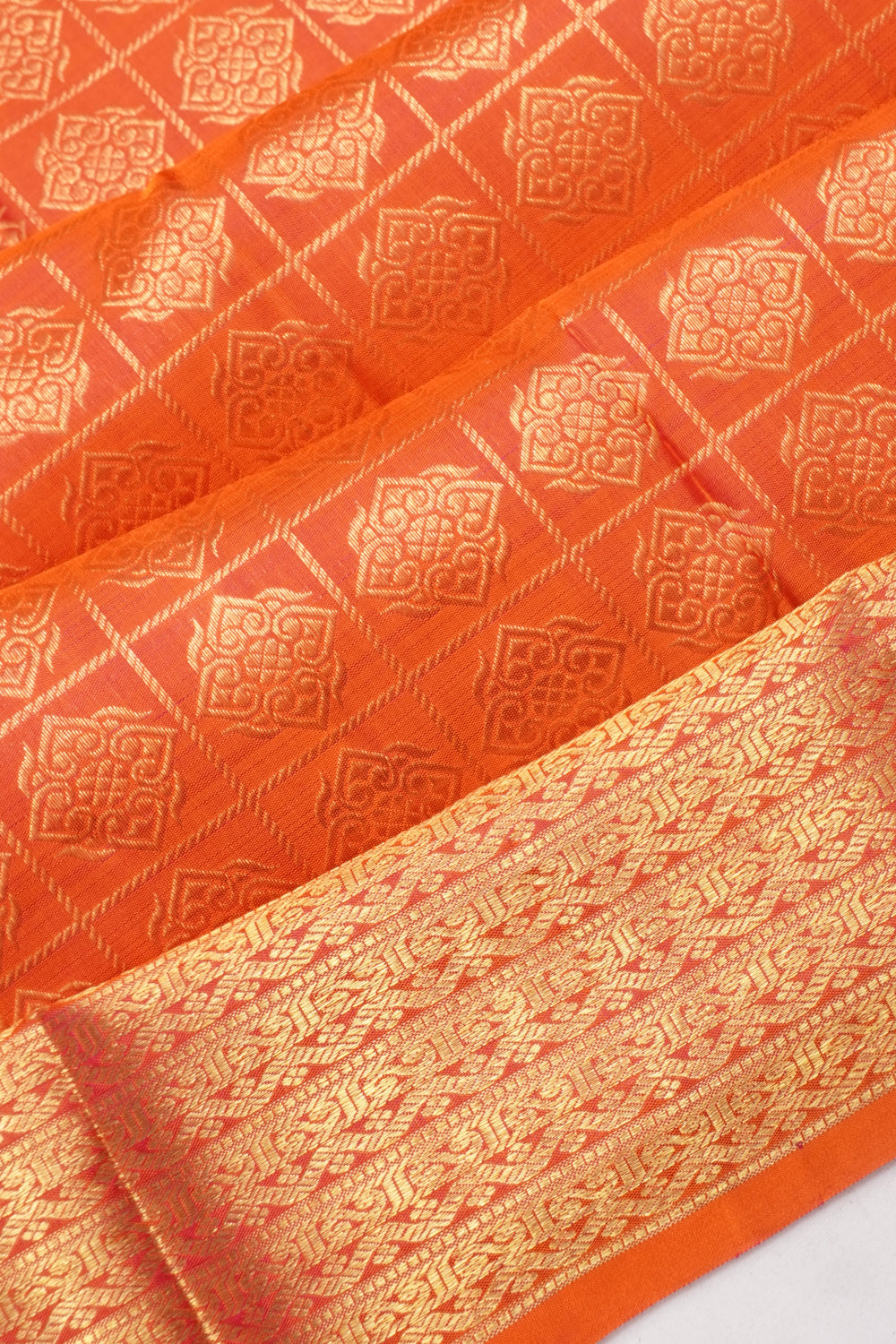 Kanchipuram Silk Checks And Butta Dual Tone Pink And Orange Saree