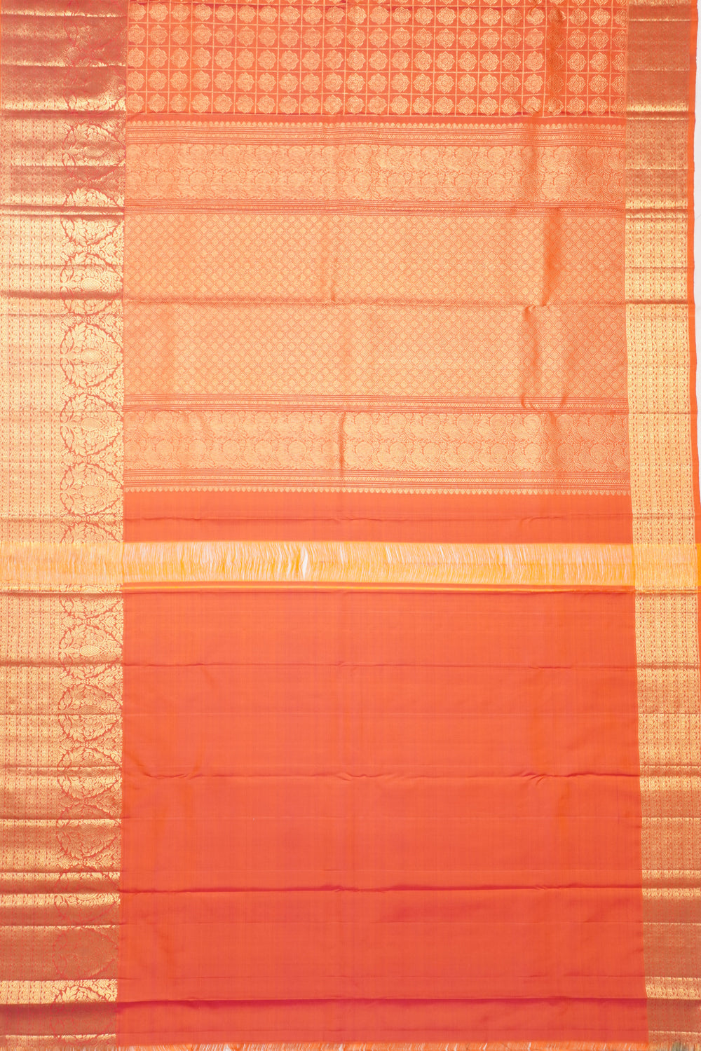 Kanchipuram Silk Checks And Butta Dual Tone Pink And Orange Saree