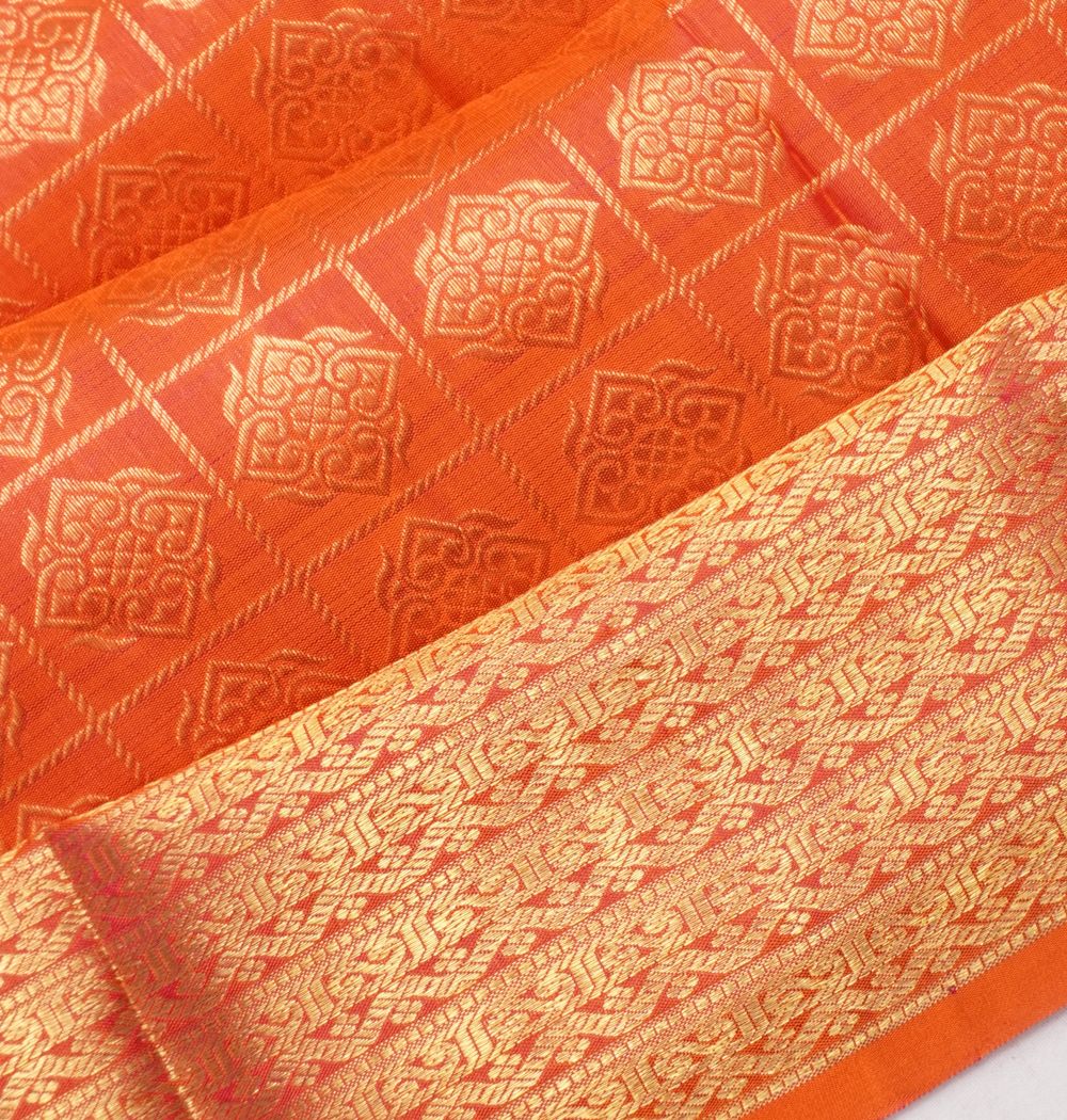 Kanchipuram Silk Checks And Butta Dual Tone Pink And Orange Saree