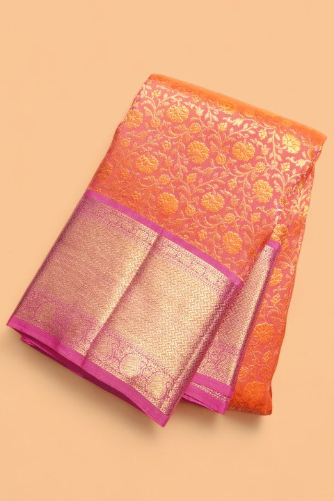 Kanchipuram Silk Brocade Dual Tone Pink And Orange Saree