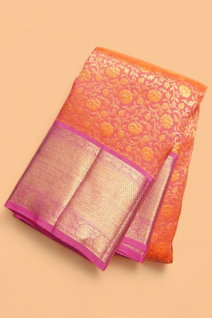Kanchipuram Silk Brocade Dual Tone Pink And Orange Saree