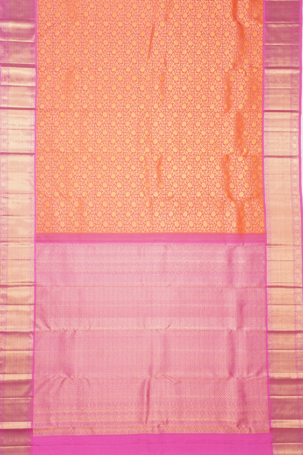 Kanchipuram Silk Brocade Dual Tone Pink And Orange Saree