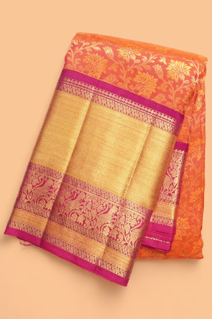 Kanchipuram Silk Brocade Dual Tone Pink And Orange Saree