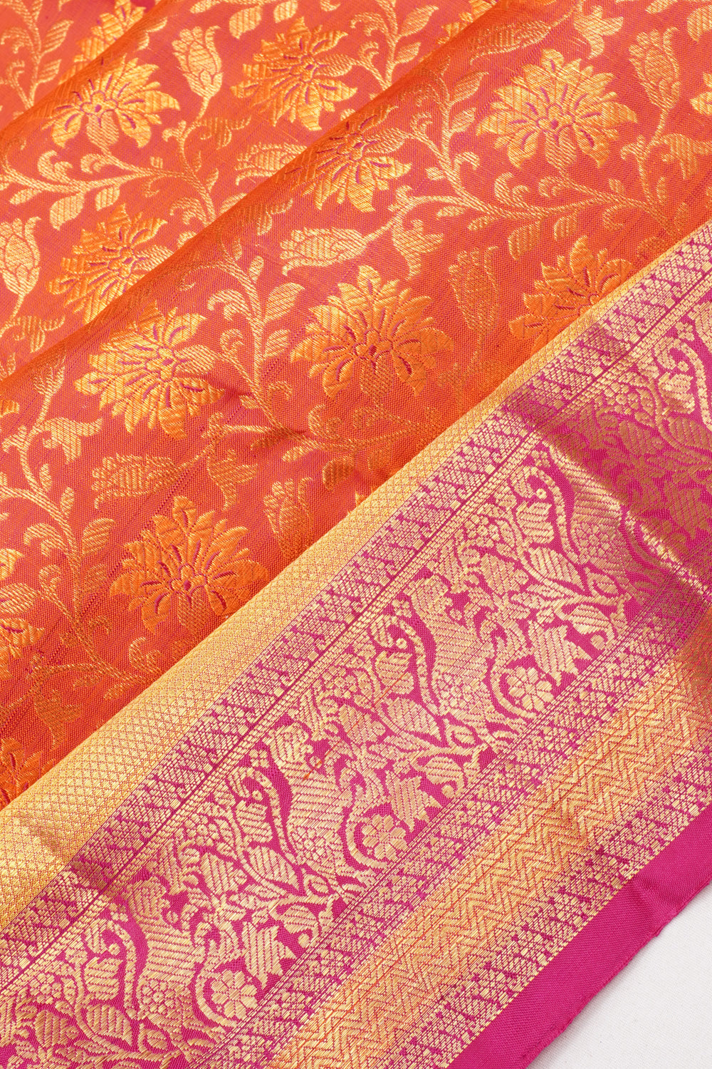 Kanchipuram Silk Brocade Dual Tone Pink And Orange Saree
