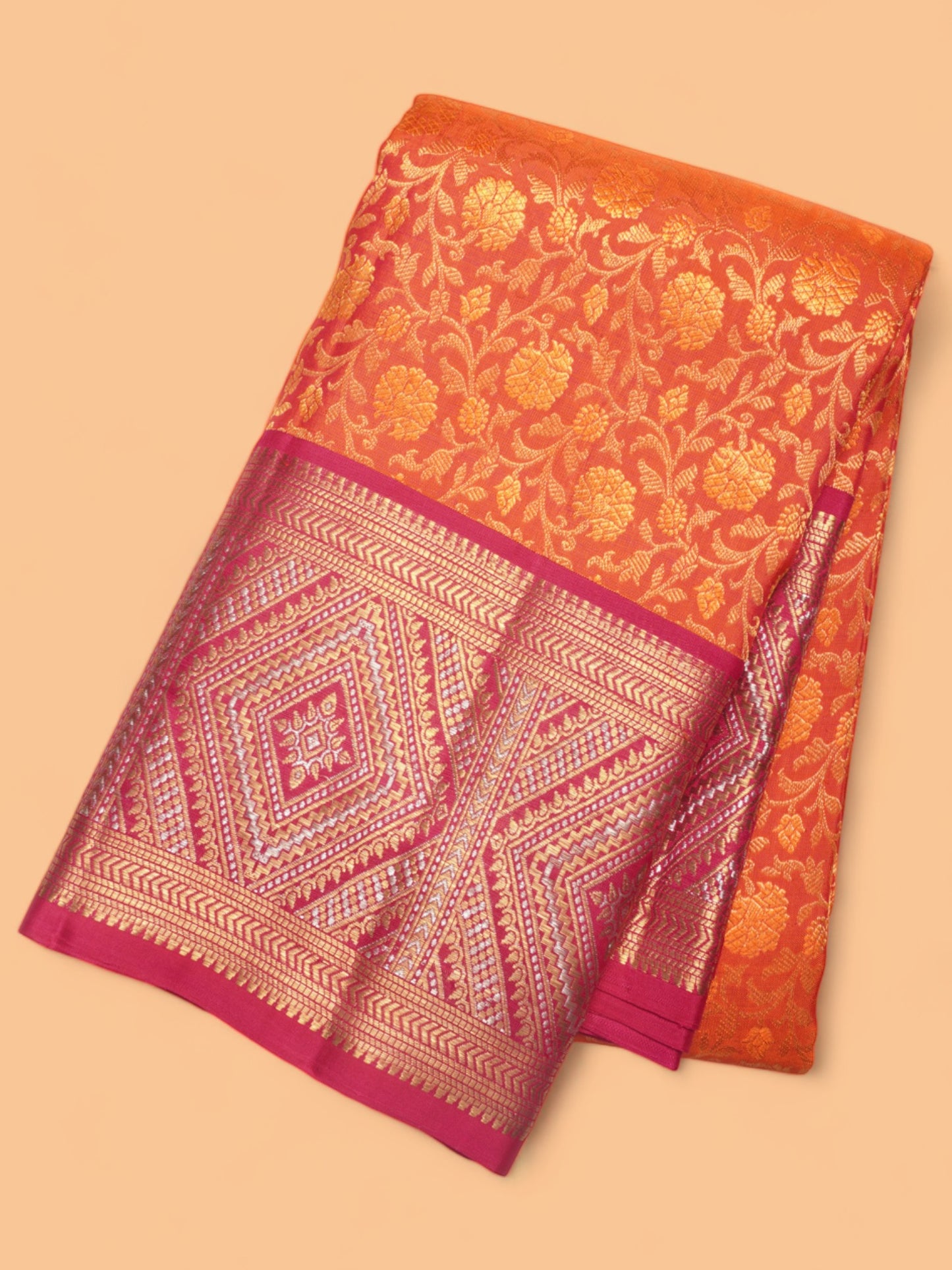 Kanchipuram Silk Brocade Dual Tone Pink And Orange Saree