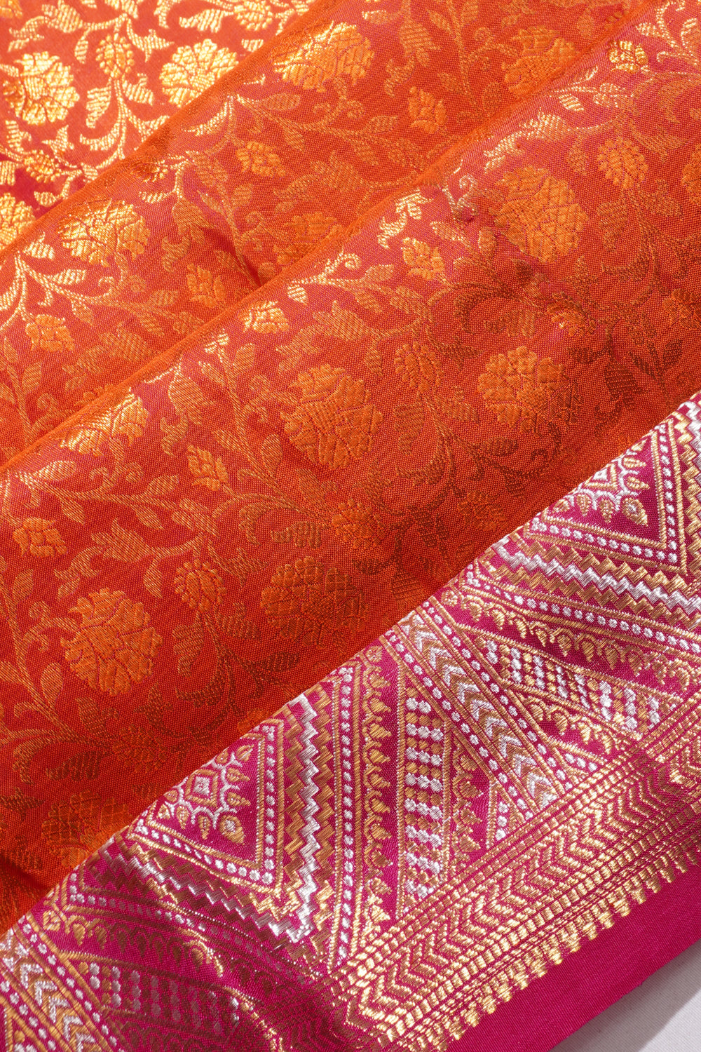 Kanchipuram Silk Brocade Dual Tone Pink And Orange Saree