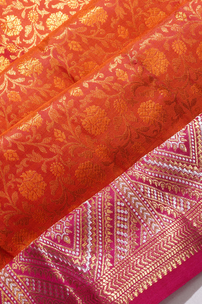Kanchipuram Silk Brocade Dual Tone Pink And Orange Saree
